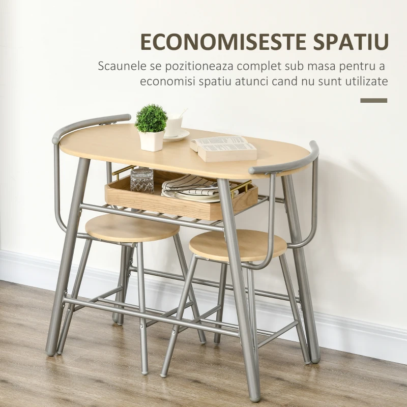 HOMCOM Set de luat masa cu 3 piese pentru economisirea spatiului, cu masa ovala cu raft si 2 scaune din MDF si otel, din lemn si de culoare argintie