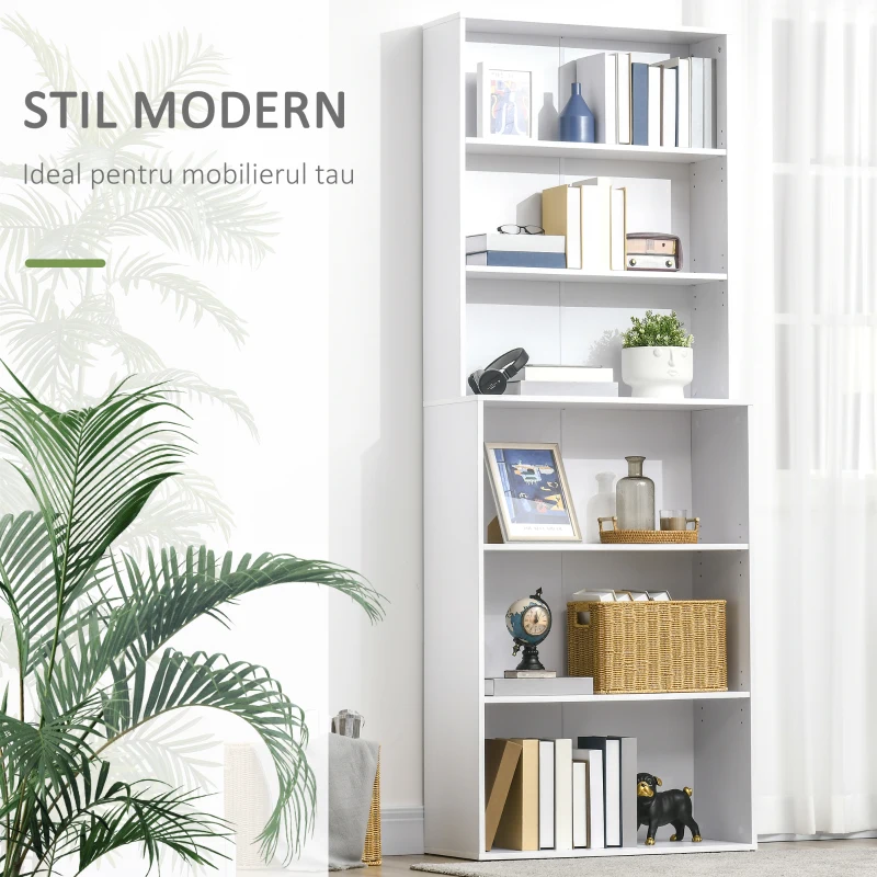 HOMCOM Biblioteca rafturi din lemn cu 6 rafturi, dulap cu rafturi reglabile pentru living si dormitor, 76,2x34,5x209cm, alb