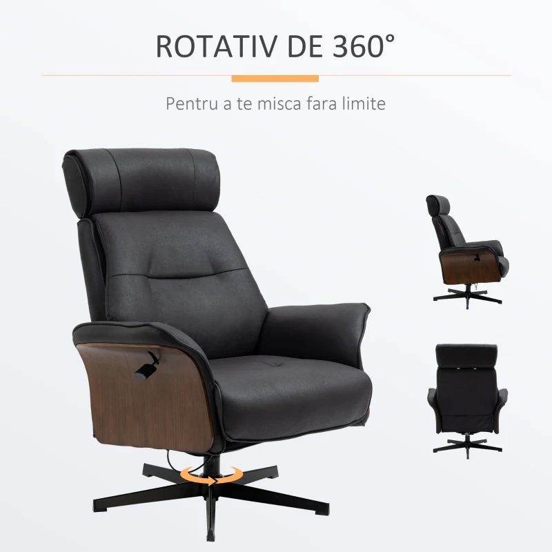 HOMCOM Fotoliu rabatabil cu tetiera reglabila si scaun captusit din cauciuc spuma, structura din otel si lemn, 84x83x103cm, negru si nuc