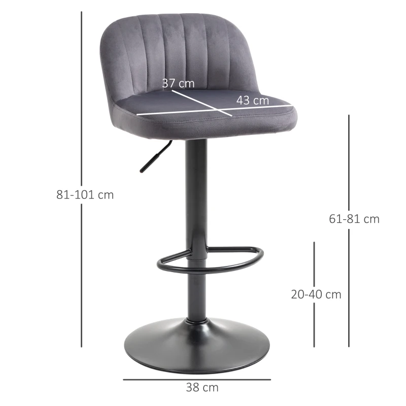 HOMCOM Set de 2 scaune de bar cu efect de catifea cu spatar si suport pentru picioare, 43x45x81-101cm, gri(m-3)