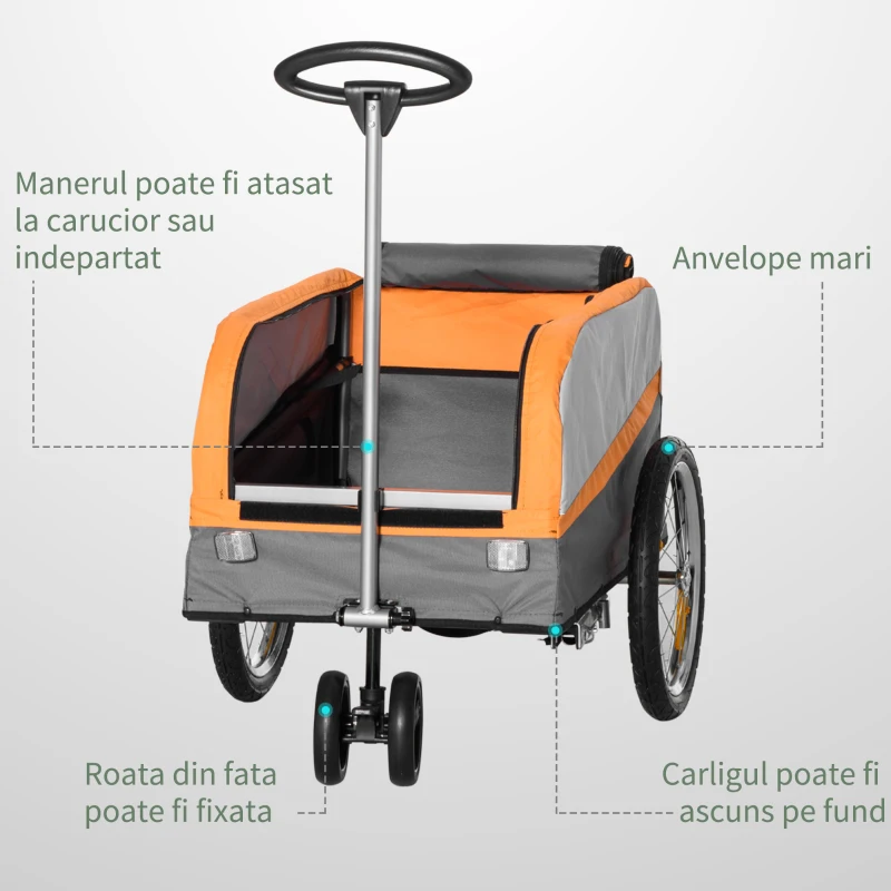 HOMCOM Remorca de bicicleta din otel cu roti, geanta de bagaje din tesatura Oxford 600D, 6 reflectoare si 1 steag, 130x64x60x60/97cm