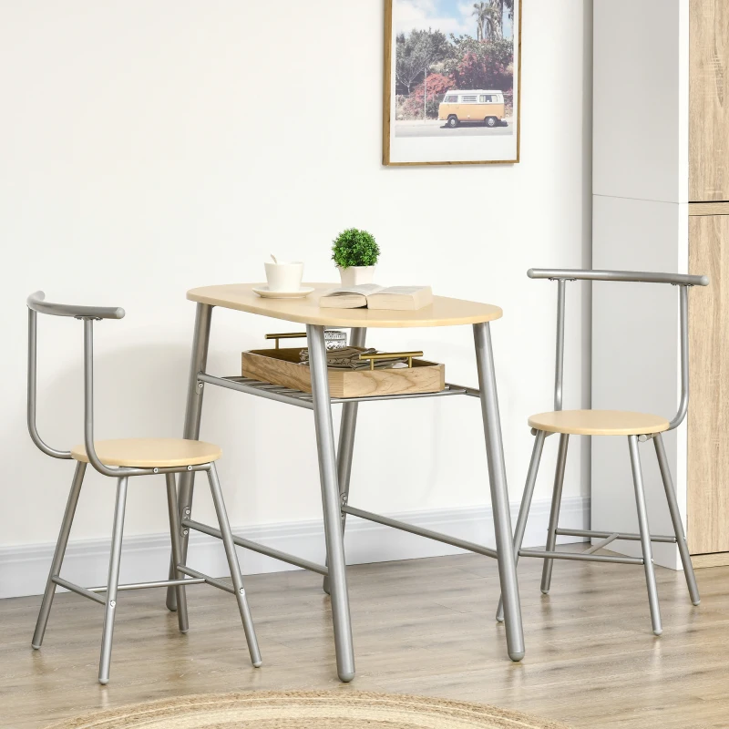 HOMCOM Set de luat masa cu 3 piese pentru economisirea spatiului, cu masa ovala cu raft si 2 scaune din MDF si otel, din lemn si de culoare argintie