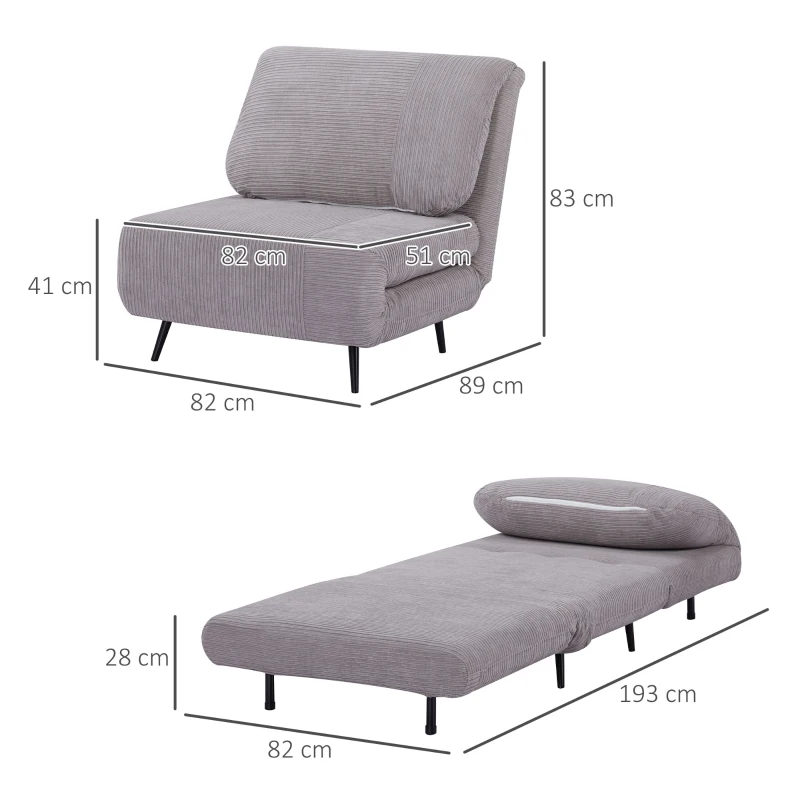 HOMCOM Fotoliu Pat 2 in 1 reglabil pe 3 niveluri cu sezut foarte mare si captuseala din spuma, structura din lemn, otel si efect de catifea gri