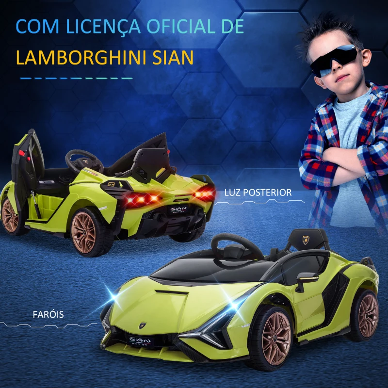 HOMCOM Carro Elétrico Lamborghini SIAN 12V para Crianças de 3-8 anos com Controle Remoto Abertura da Porta Música MP3 USB e Faróis 108x62x40cm Verde