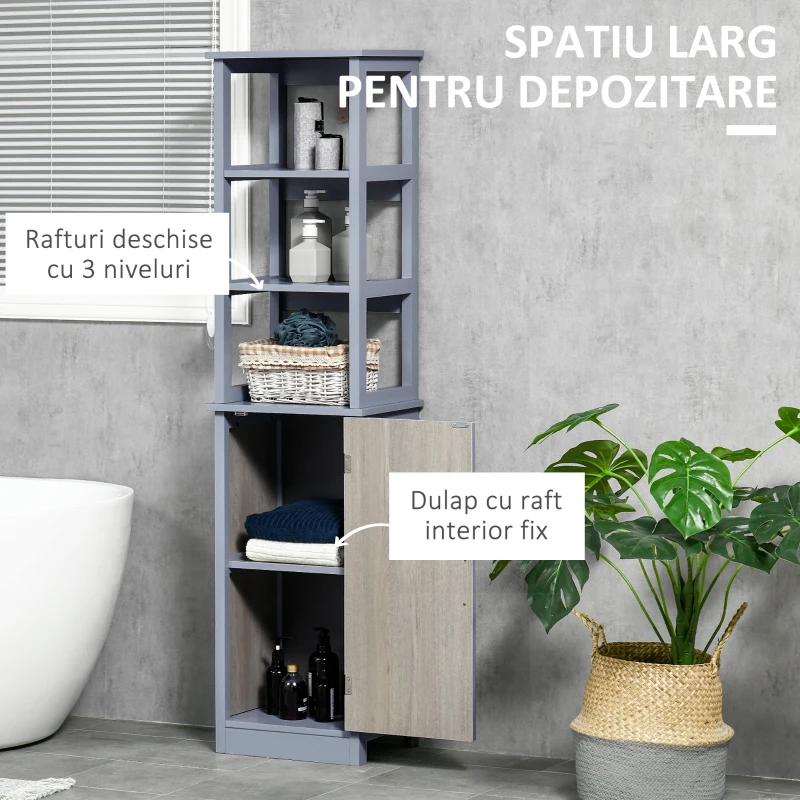 kleankin Dulap de baie cu 3 rafturi, coloana de baie pentru economisirea spatiului, din lemn MDF 40x30x160, gri si lemn natural