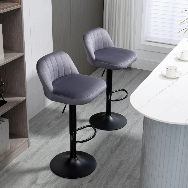 HOMCOM Set de 2 scaune de bar cu efect de catifea cu spatar si suport pentru picioare, 43x45x81-101cm, gri(m-8)