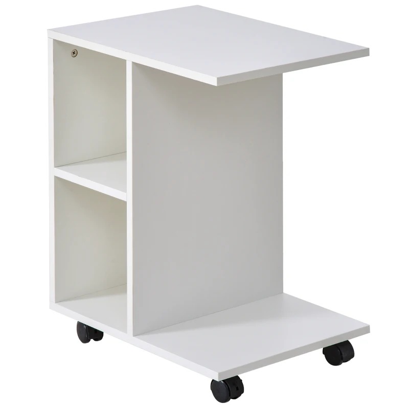HOMCOM Masa Living cu 2 rafturi deschise si 4 roti pivotante, MDF, 45x35x58cm, alb