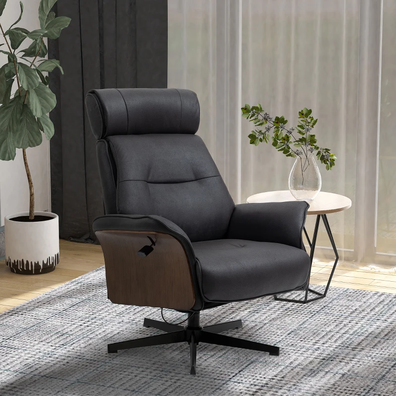 HOMCOM Fotoliu rabatabil cu tetiera reglabila si scaun captusit din cauciuc spuma, structura din otel si lemn, 84x83x103cm, negru si nuc