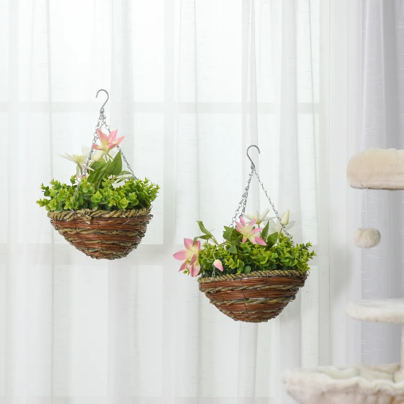 Outsunny Set din 2 plante artificiale, cu cuier si lant pentru agatare, Ф30 x 32 cm, frunze verzi, flori albe si rosii