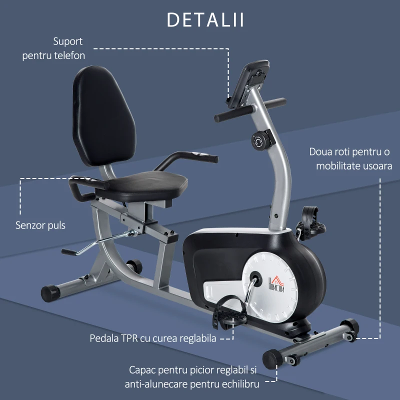 Homcom Bicicleta de Exercitii Orizontala – 8 Nivele Rezistenta & LCD