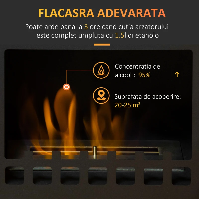 HOMCOM Semineu cu bioetanol metalic cu ardere de 3 ore cu rezervor de 0.9 l si capac de 25 m², 41x25x54cm, negru