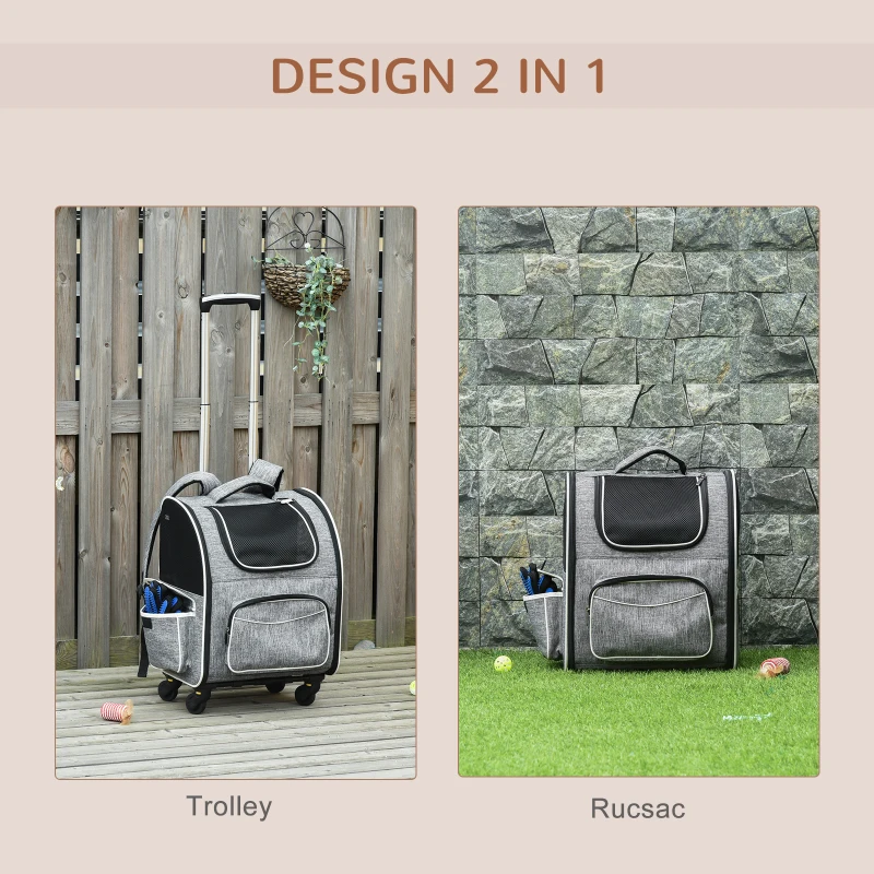 PawHut Transport pentru caini cu roti, usa cu fermoare si fereastra plasa, geanta pentru carucior cu design 2 in 1, tesatura Oxford si poliester, 43x33x51,5 cm