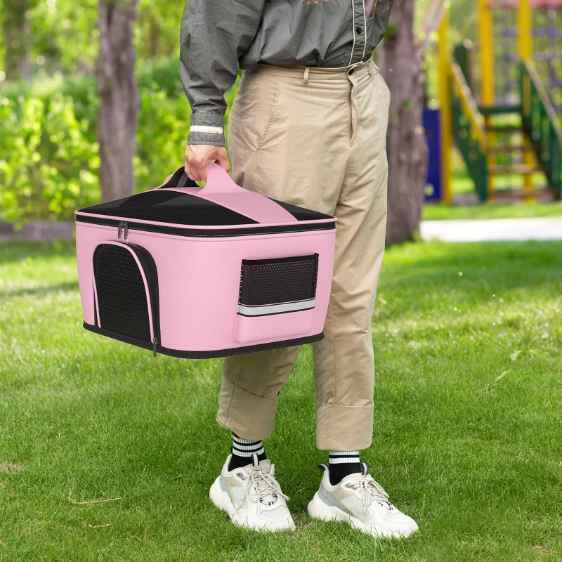 PawHut Geanta de transport pentru pisici si caini dotata cu 2 usi cu fermoar, sac cu buzunare si perna, 50x35x36cm, rosu