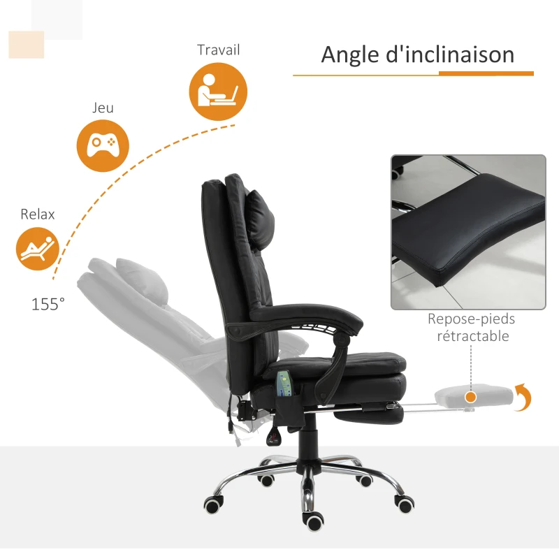 Vinsetto Fauteuil de bureau massant chaise ergonomique avec repose-pieds et repose-tête hauteur réglable dossier inclinable télécommande 67 x 70 x 112-120 cm noir