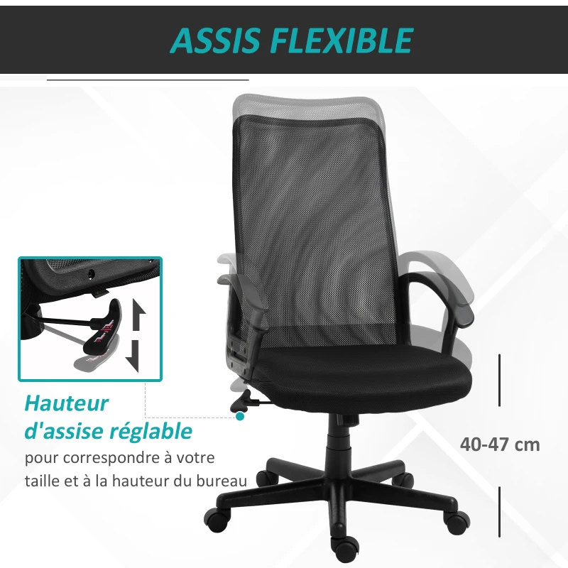 HOMCOM Fauteuil de bureau ergonomique - chaise de bureau - pivotant, hauteur réglable - tissu maille noir