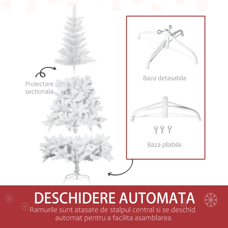 HOMCOM Brad de Craciun alb de 180 cm cu 550 de ramuri, brad artificial din PVC pentru interior, Ø116x180cm