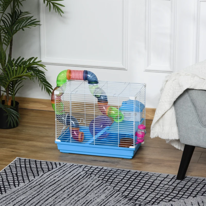 PawHut Cușcă pentru Hamster cu 2 Niveluri, Rezervor de Apă, Tavă Detașabilă, Tunel și Roată, 46x30x37cm, Albastru