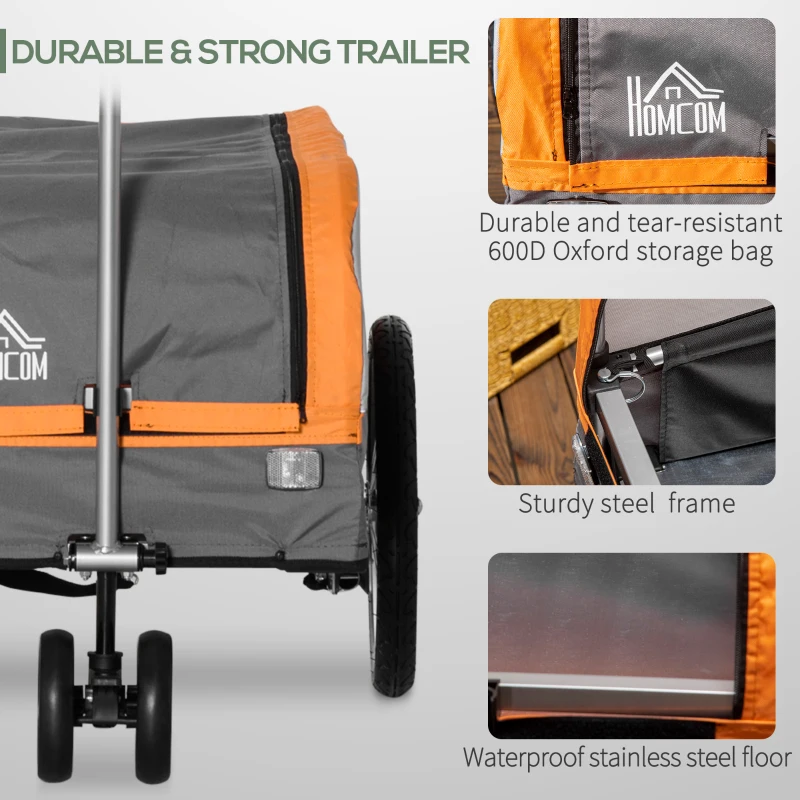 HOMCOM Remorca de bicicleta din otel cu roti, geanta de bagaje din tesatura Oxford 600D, 6 reflectoare si 1 steag, 130x64x60x60/97cm