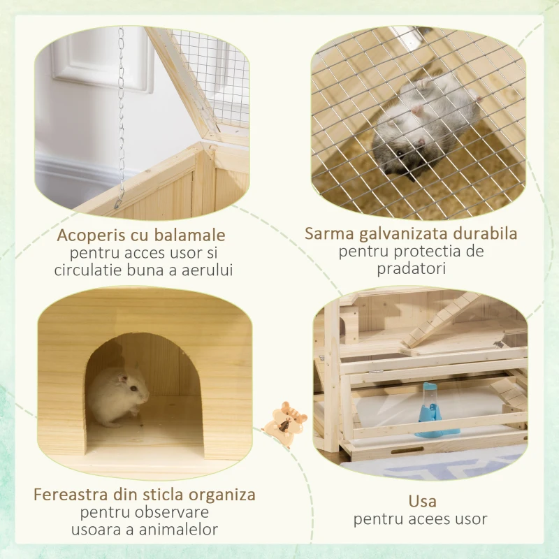 PawHut Cusca Hamster Lemn – 3 Niveluri, Acoperis Deschidere 115×60×55 cm