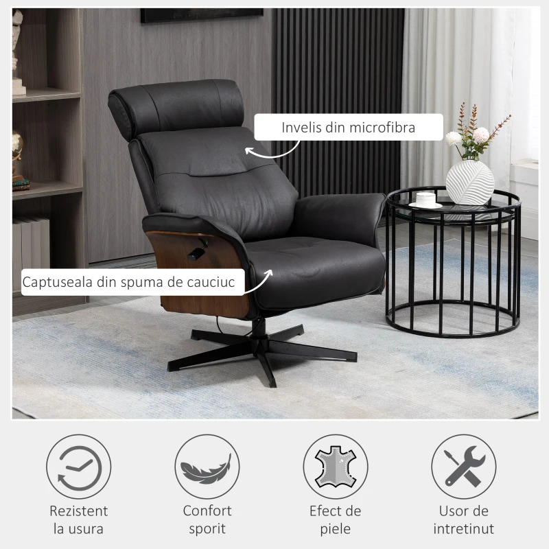 HOMCOM Fotoliu rabatabil cu tetiera reglabila si scaun captusit din cauciuc spuma, structura din otel si lemn, 84x83x103cm, negru si nuc