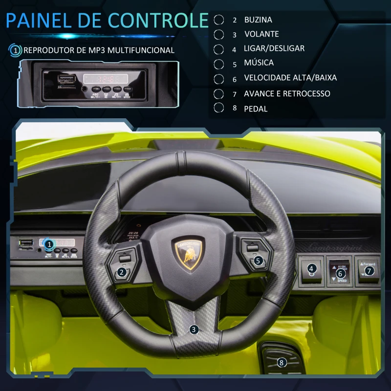 HOMCOM Carro Elétrico Lamborghini SIAN 12V para Crianças de 3-8 anos com Controle Remoto Abertura da Porta Música MP3 USB e Faróis 108x62x40cm Verde