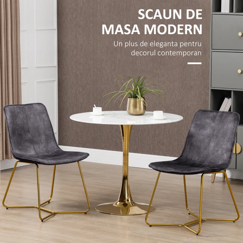 HOMCOM Set de 2 scaune de sufragerie si de lounge fara cotiere, scaune tapitate din catifea cu picioare aurii, gri