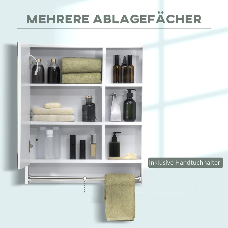 kleankin Spiegelschrank Badschrank mit LED-Beleuchtung Touch-Steuerung Handtuchhalter Weiß 60 x 15 x 69cm