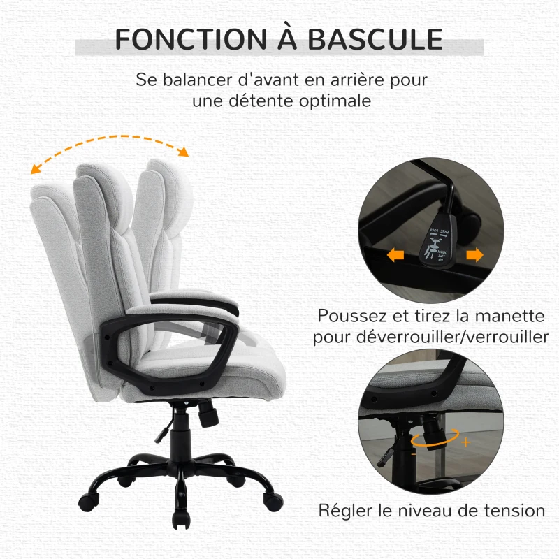 Vinsetto Fauteuil de Bureau Chaise de Bureau Manager réglable pivotant Fonction Bascule verrouillable Lin Gris Clair