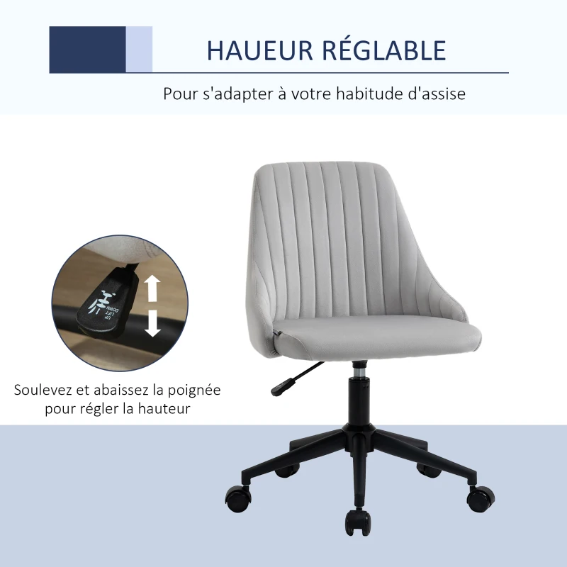 Vinsetto Chaise de bureau design contemporain pivotante 360° ergonomique dossier strié hauteur réglable revêtement velours 50 x 58 x 85 cm gris