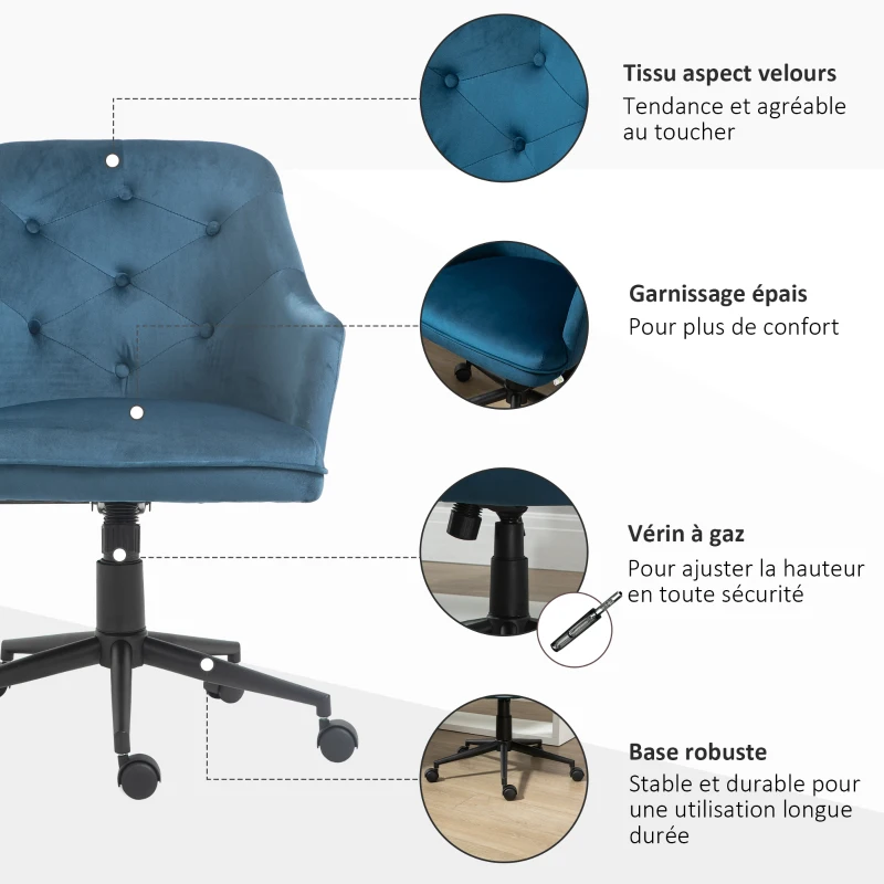 Vinsetto Chaise de bureau fauteuil de bureau ergonomique hauteur réglable pivotante à 360° revêtement velours grand confort 63 x 64 x 96 cm bleu