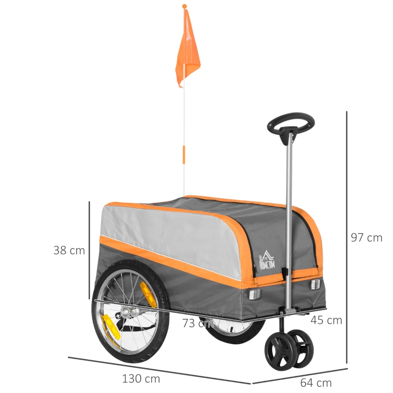 HOMCOM Remorca de bicicleta din otel cu roti, geanta de bagaje din tesatura Oxford 600D, 6 reflectoare si 1 steag, 130x64x60x60/97cm