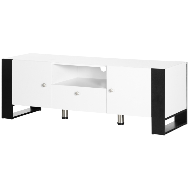 HOMCOM Dulap TV modern cu dulapuri, sertar si polita, dulap joasa din lemn pentru TV pana la 65", 140x43x48cm, alb-negru