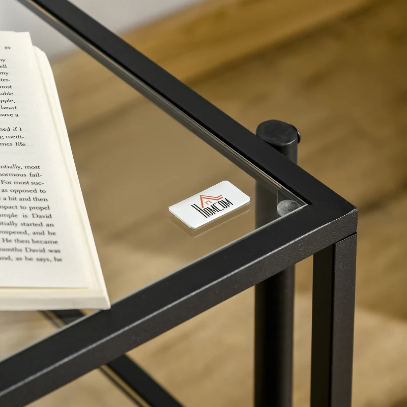 HOMCOM Masuta de cafea stil minimalist cu 2 niveluri, sticla temperata, 54x44x45.5cm, negru