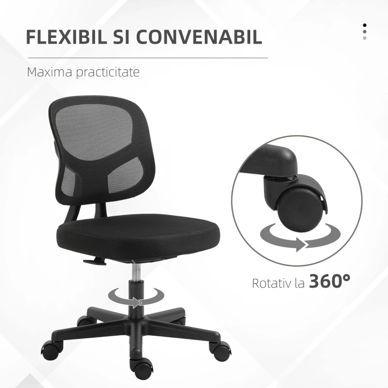 Vinsetto Scaun de birou cu suport lombar, inaltime reglabila si tesatura plasa, otel si PP, 52x54x74-84cm, negru