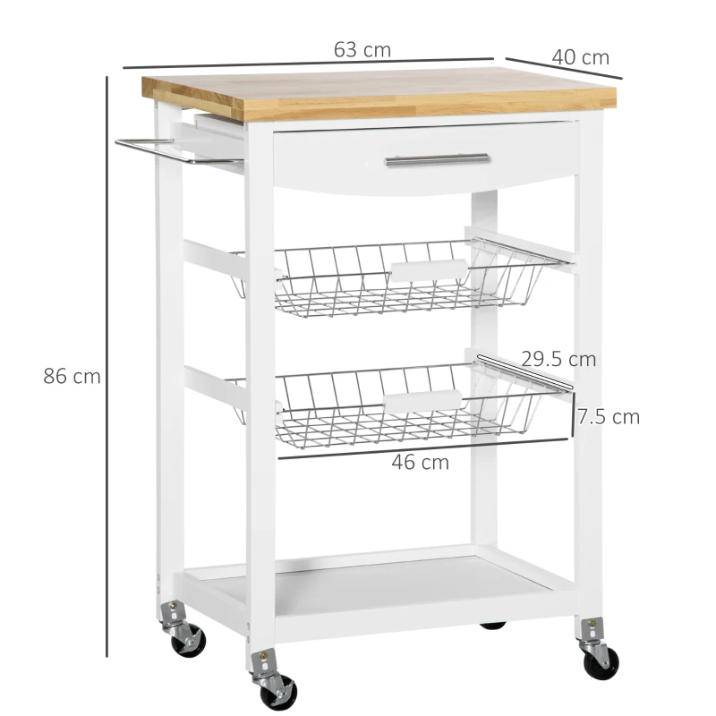 HOMCOM carucior de bucatarie cu sertar si cosuri, carucior pentru alimente cu roti pivotante si raft din lemn, 63x40x86cm, alb