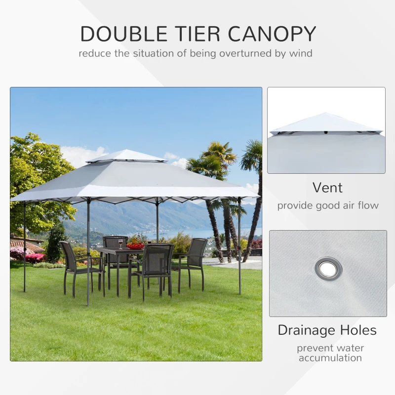 Outsunny 3.5 x 3.5m Garden Pop Up Gazebo Party Tent Canopy with Double Roof, 3-Level Adjustable Height and Roller Bag,  Light Grey & White