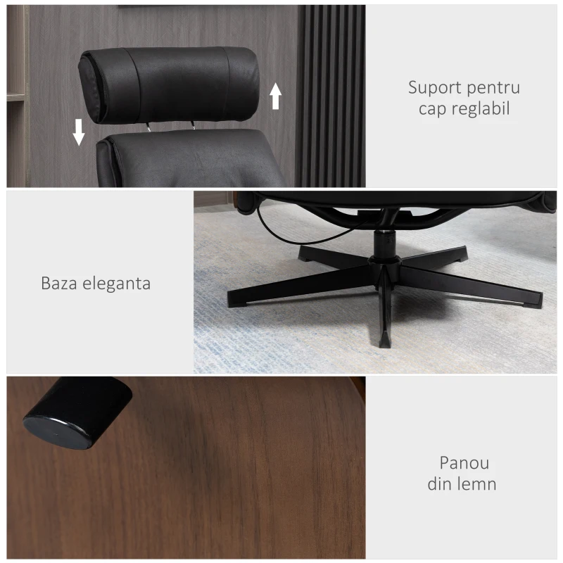 HOMCOM Fotoliu rabatabil cu tetiera reglabila si scaun captusit din cauciuc spuma, structura din otel si lemn, 84x83x103cm, negru si nuc