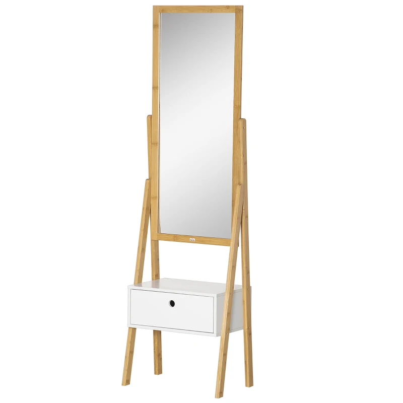 HOMCOM Oglinda de podea multifunctionala cu sertar pentru dormitor si coridor, din MDF si bambus, 45x30x160cm, culoare alb si lemn