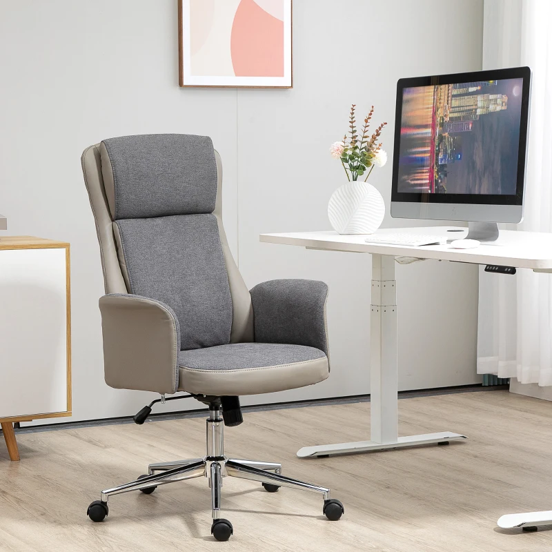 Vinsetto Scaun de birou elegant din 2 tesaturi, scaun ergonomic reglabil pe inaltime cu roti pivotante, 65x72x108-118cm, gri