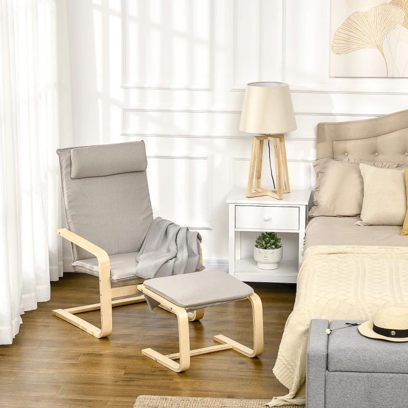 HOMCOM Fotoliu Relax cu suport pentru picioare, fotoliu din lemn si tesatura cu efect de in cu perna pentru tetiera, 67x69x100cm, gri