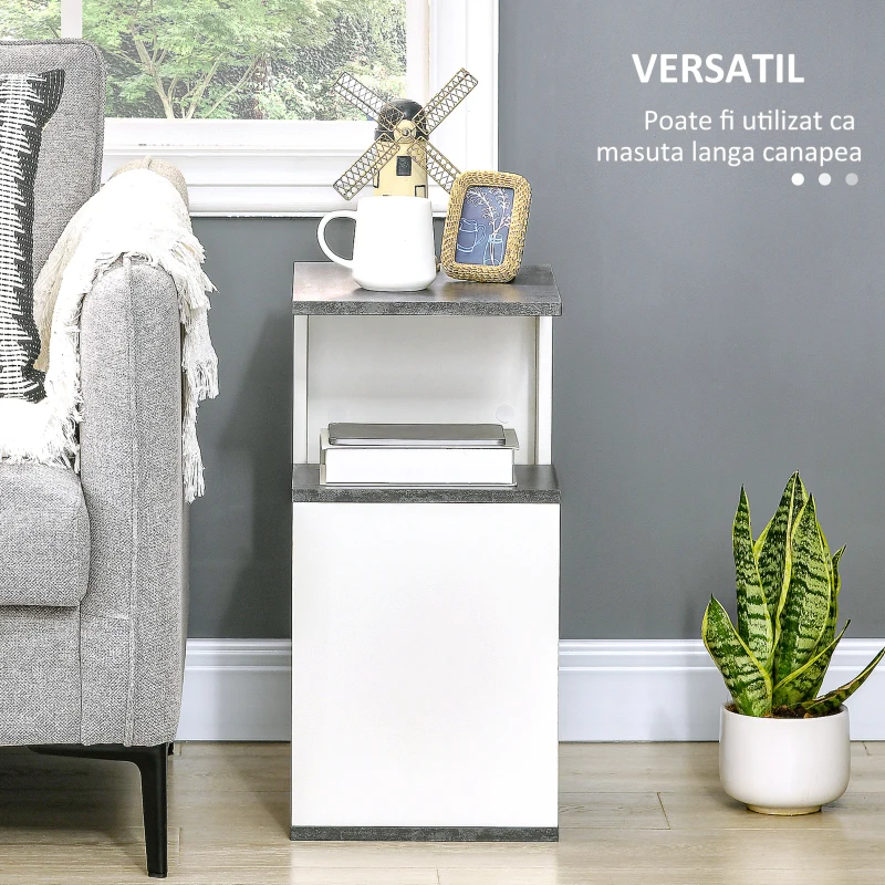HOMCOM Noptiera cu raft deschis din PAL, noptiera moderna cu design neregulat, 35x29,5x60cm, gri si alb