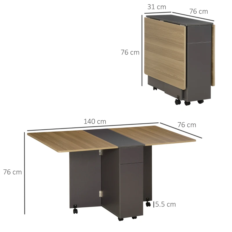 Homcom Masa Pliabila Sufragerie – 140×76×76 cm, Cu Dulap, Sertare & Roti(m-3)