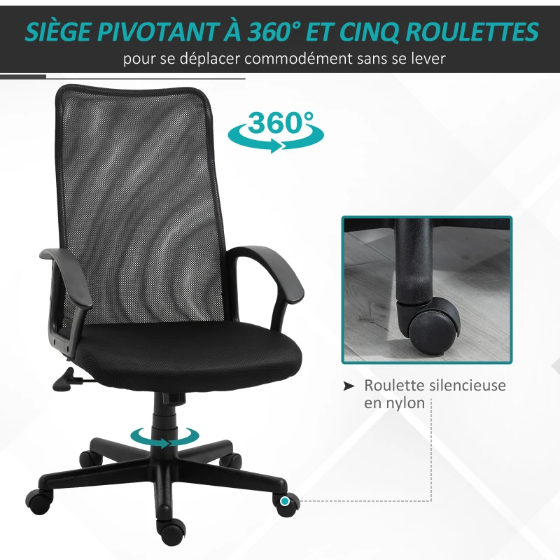 HOMCOM Fauteuil de bureau ergonomique - chaise de bureau - pivotant, hauteur réglable - tissu maille noir