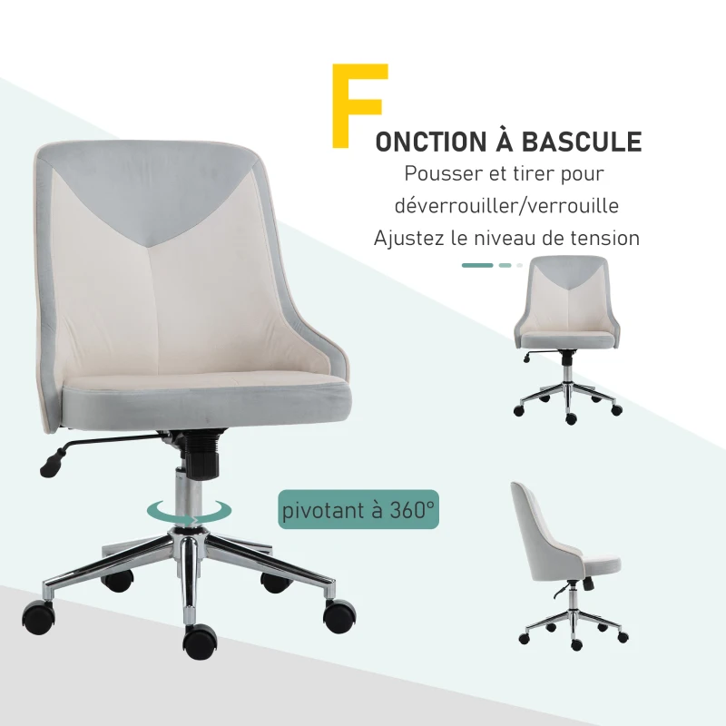 Vinsetto Chaise de bureau design contemporain hauteur réglable pivotant 360° piètement chromé velours bicolore crème gris clair