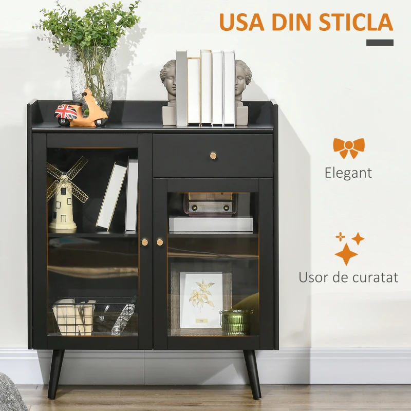 HOMCOM Dulap cu doua usi cu raft reglabil, blat si spatii deschise din MDF si lemn, 80x40x94,3 cm, negru