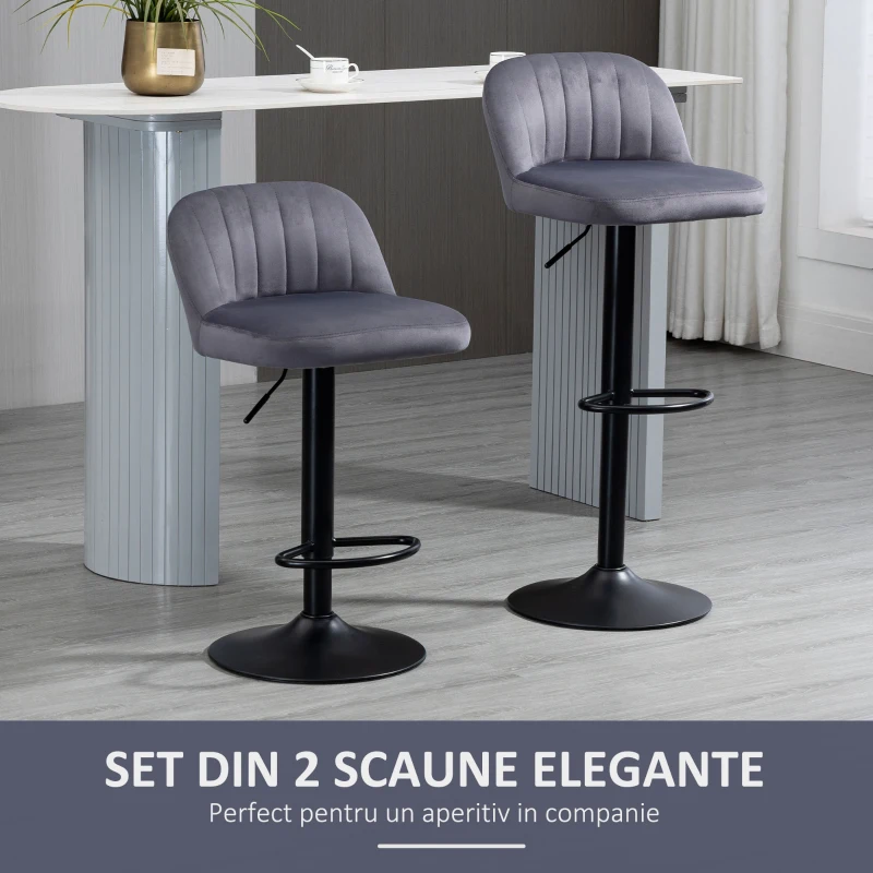 HOMCOM Set de 2 scaune de bar cu efect de catifea cu spatar si suport pentru picioare, 43x45x81-101cm, gri(m-4)