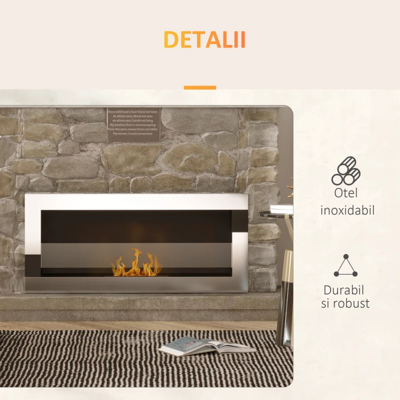 HOMCOM Semineu cu bioetanol montat pe perete din otel inoxidabil, 90x16x40cm, argintiu