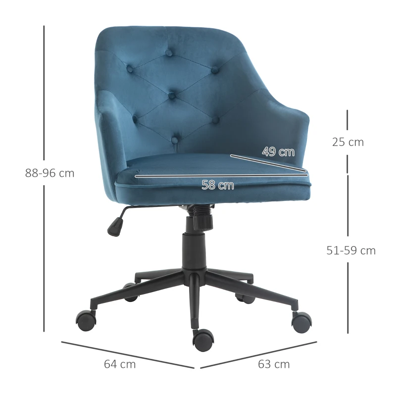 Vinsetto Chaise de bureau fauteuil de bureau ergonomique hauteur réglable pivotante à 360° revêtement velours grand confort 63 x 64 x 96 cm bleu