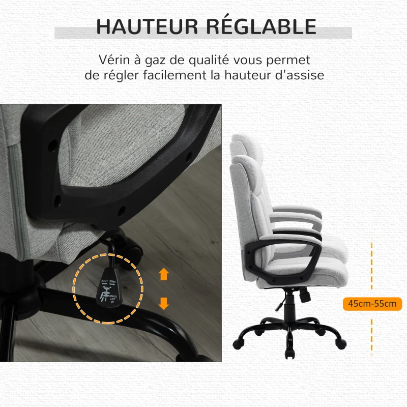 Vinsetto Fauteuil de Bureau Chaise de Bureau Manager réglable pivotant Fonction Bascule verrouillable Lin Gris Clair