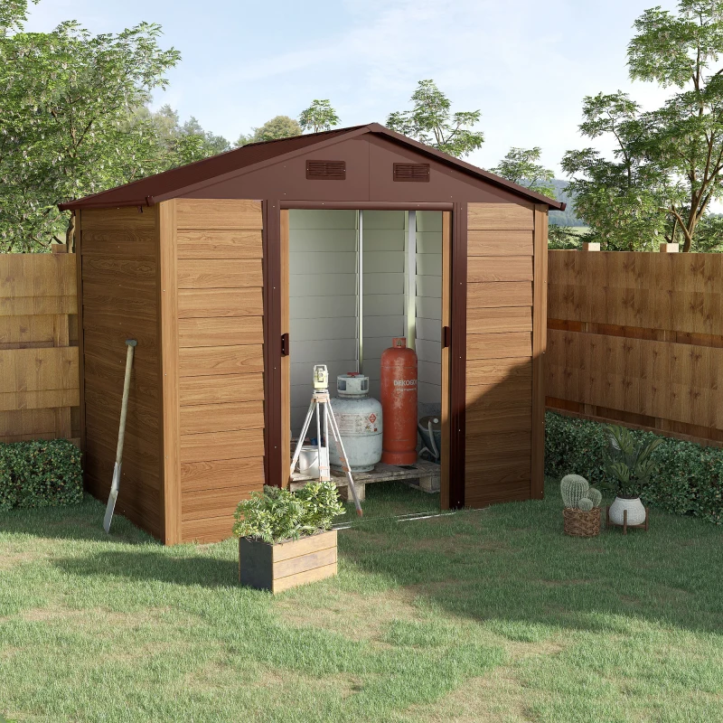 Outsunny Magazie de Grădină cu Uși Glisante, Magazie pentru Scule cu Structură din Oțel, 152x236x209cm, Lemn Natural